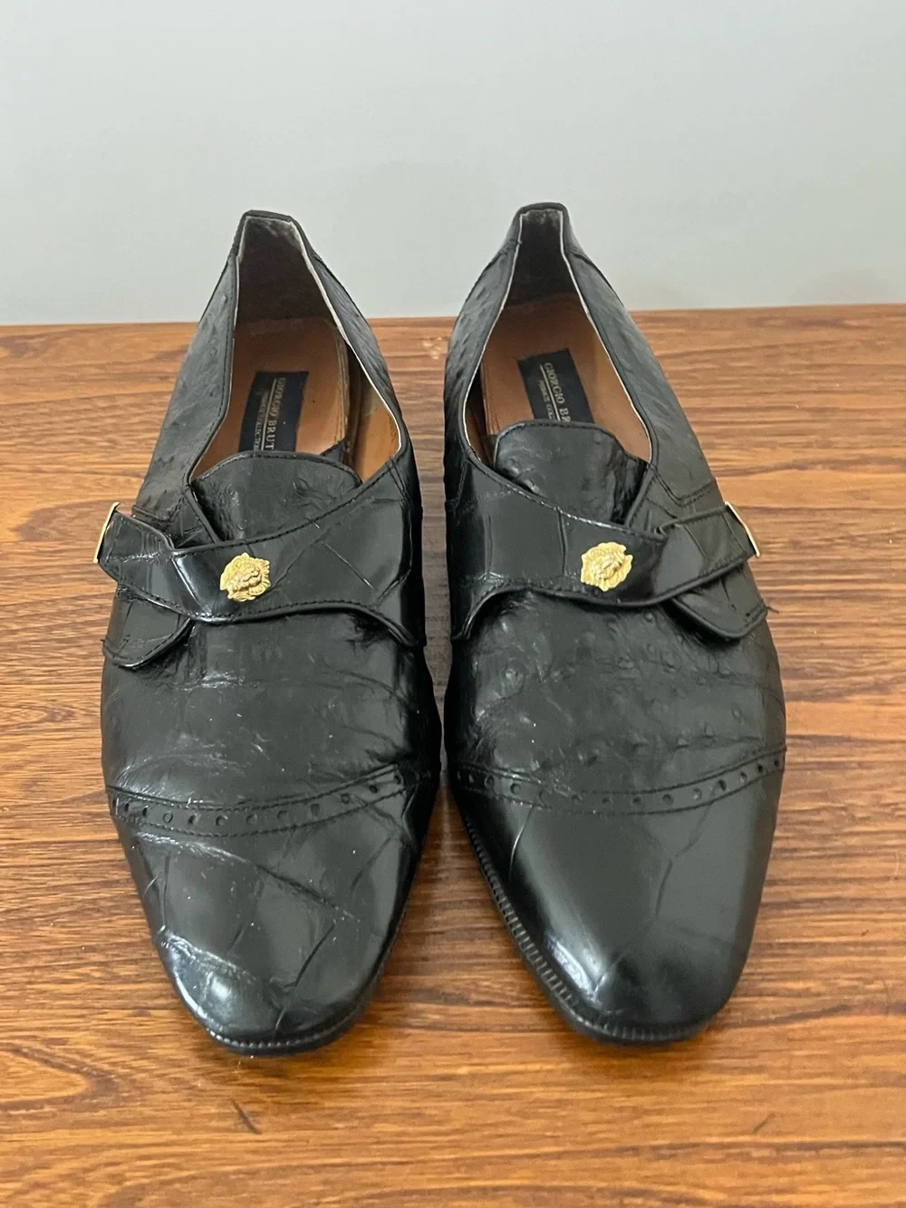 Giorgio Brutini Black Leather Slip-On Loafers with Gold Accent